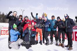 08.02.2019, Canmore, Canada (CAN): Brendan Green (CAN) celebrates with his team -  IBU world cup biathlon, relay men, Canmore (CAN). www.nordicfocus.com. © Manzoni/NordicFocus. Every downloaded picture is fee-liable.