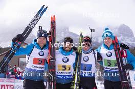 08.02.2019, Canmore, Canada (CAN): Antonin Guigonnat (FRA), Simon Fourcade (FRA), Quentin Fillon Maillet (FRA), Emilien Jacquelin (FRA), (l-r) -  IBU world cup biathlon, relay men, Canmore (CAN). www.nordicfocus.com. © Manzoni/NordicFocus. Every downloaded picture is fee-liable.