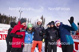 08.02.2019, Canmore, Canada (CAN): Matthias Ahrens (GER) coach Team Canada, Megan Imrie (CAN), Brendan Green (CAN), Christian Gow (CAN), Rosanna Crawford (CAN), (l-r) -  IBU world cup biathlon, relay men, Canmore (CAN). www.nordicfocus.com. © Manzoni/NordicFocus. Every downloaded picture is fee-liable.