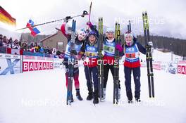 08.02.2019, Canmore, Canada (CAN): Marte Olsbu Roeiseland (NOR), Tiril Eckhoff (NOR), Ingrid Landmark Tandrevold (NOR), Emilie Aagheim Kalkenberg (NOR), (l-r) -  IBU world cup biathlon, relay women, Canmore (CAN). www.nordicfocus.com. © Manzoni/NordicFocus. Every downloaded picture is fee-liable.