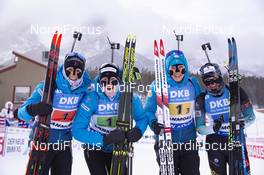 08.02.2019, Canmore, Canada (CAN): Anais Chevalier (FRA), Justine Braisaz (FRA), Anais Bescond (FRA), Julia Simon (FRA), (l-r) -  IBU world cup biathlon, relay women, Canmore (CAN). www.nordicfocus.com. © Manzoni/NordicFocus. Every downloaded picture is fee-liable.