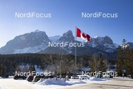 09.02.2019, Canmore, Canada (CAN): Event Feature: the Canadian flag waves in the wind at the parking lot next to the day lodge - IBU world cup biathlon, training, Canmore (CAN). www.nordicfocus.com. © Manzoni/NordicFocus. Every downloaded picture is fee-liable.