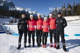 06.02.2019, Canmore, Canada (CAN): Matthias Ahrens (GER) coach Team Canada, Megan Bankes (CAN), Rosanna Crawford (CAN), Emma Lunder (CAN), Sarah Beaudry (CAN), (l-r) -  IBU world cup biathlon, training, Canmore (CAN). www.nordicfocus.com. © Manzoni/NordicFocus. Every downloaded picture is fee-liable.