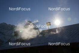 09.02.2019, Canmore, Canada (CAN): Event Feature: steaming roof in the late afternoon sun -  IBU world cup biathlon, training, Canmore (CAN). www.nordicfocus.com. © Manzoni/NordicFocus. Every downloaded picture is fee-liable.
