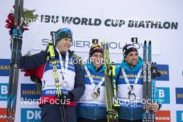 16.02.2019, Soldier Hollow, United States of America (USA): Vetle Sjaastad Christiansen (NOR), Quentin Fillon Maillet (FRA), Simon Desthieux (FRA), (l-r) -  IBU world cup biathlon, pursuit men, Soldier Hollow (USA). www.nordicfocus.com. © Manzoni/NordicFocus. Every downloaded picture is fee-liable.