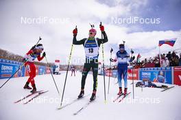 16.02.2019, Soldier Hollow, United States of America (USA): Christian Gow (CAN), Benedikt Doll (GER), Benjamin Weger (SUI), (l-r) -  IBU world cup biathlon, pursuit men, Soldier Hollow (USA). www.nordicfocus.com. © Manzoni/NordicFocus. Every downloaded picture is fee-liable.