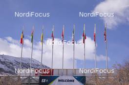 16.02.2019, Soldier Hollow, United States of America (USA): Event Feature: Flags with welcome board at the entrance to the venue -  IBU world cup biathlon, pursuit women, Soldier Hollow (USA). www.nordicfocus.com. © Manzoni/NordicFocus. Every downloaded picture is fee-liable.