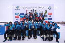 17.02.2019, Soldier Hollow, United States of America (USA): Anais Chevalier (FRA), Simon Desthieux (FRA), Celia Aymonier (FRA), Quentin Fillon Maillet (FRA), (l-r) -  IBU world cup biathlon, relay mixed, Soldier Hollow (USA). www.nordicfocus.com. © Manzoni/NordicFocus. Every downloaded picture is fee-liable.