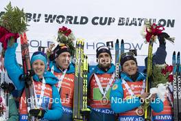 17.02.2019, Soldier Hollow, United States of America (USA): Anais Chevalier (FRA), Quentin Fillon Maillet (FRA), Simon Desthieux (FRA), Celia Aymonier (FRA), (l-r) -  IBU world cup biathlon, relay mixed, Soldier Hollow (USA). www.nordicfocus.com. © Manzoni/NordicFocus. Every downloaded picture is fee-liable.
