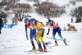 17.02.2019, Soldier Hollow, United States of America (USA): Evgeniy Garanichev (RUS), Torstein Stenersen (SWE), Jeremy Finello (SUI), (l-r) -  IBU world cup biathlon, relay mixed, Soldier Hollow (USA). www.nordicfocus.com. © Manzoni/NordicFocus. Every downloaded picture is fee-liable.