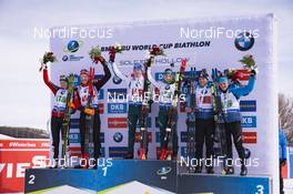 17.02.2019, Soldier Hollow, United States of America (USA): Lisa Theresa Hauser (AUT), Simon Eder (AUT), Lukas Hofer (ITA), Dorothea Wierer (ITA), Antonin Guigonnat (FRA), Julia Simon (FRA), (l-r) -  IBU world cup biathlon, single mixed relay, Soldier Hollow (USA). www.nordicfocus.com. © Manzoni/NordicFocus. Every downloaded picture is fee-liable.