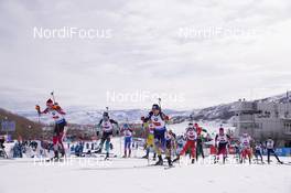 17.02.2019, Soldier Hollow, United States of America (USA): Simon Eder (AUT), Antonin Guigonnat (FRA), Dmytro Pidruchnyi (UKR), (l-r) -  IBU world cup biathlon, single mixed relay, Soldier Hollow (USA). www.nordicfocus.com. © Manzoni/NordicFocus. Every downloaded picture is fee-liable.