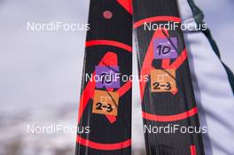 17.02.2019, Soldier Hollow, United States of America (USA): Skis of Lukas Hofer (ITA) with marks from the Olympic Games -  IBU world cup biathlon, single mixed relay, Soldier Hollow (USA). www.nordicfocus.com. © Manzoni/NordicFocus. Every downloaded picture is fee-liable.