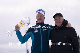 24.03.2019, Oslo, Norway (NOR): Johannes Thingnes Boe (NOR), Olle Dahlin (SWE), IBU president, (l-r) - IBU world cup biathlon, cups, Oslo (NOR). www.nordicfocus.com. © Manzoni/NordicFocus. Every downloaded picture is fee-liable.