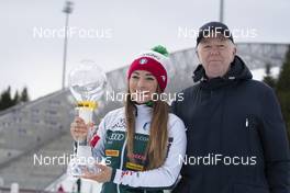 24.03.2019, Oslo, Norway (NOR): Dorothea Wierer (ITA), Olle Dahlin (SWE), IBU president, (l-r) - IBU world cup biathlon, cups, Oslo (NOR). www.nordicfocus.com. © Manzoni/NordicFocus. Every downloaded picture is fee-liable.
