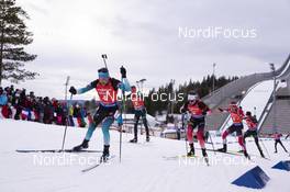 24.03.2019, Oslo, Norway (NOR): Simon Desthieux (FRA), Benedikt Doll (GER), Tarjei Boe (NOR), (l-r) - IBU world cup biathlon, mass men, Oslo (NOR). www.nordicfocus.com. © Manzoni/NordicFocus. Every downloaded picture is fee-liable.