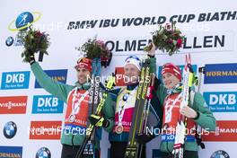 24.03.2019, Oslo, Norway (NOR): Arnd Peiffer (GER), Johannes Thingnes Boe (NOR), Benedikt Doll (GER), (l-r) - IBU world cup biathlon, mass men, Oslo (NOR). www.nordicfocus.com. © Manzoni/NordicFocus. Every downloaded picture is fee-liable.