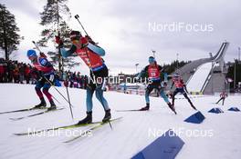 24.03.2019, Oslo, Norway (NOR): Alexander Loginov (RUS), Quentin Fillon Maillet (FRA), (l-r) - IBU world cup biathlon, mass men, Oslo (NOR). www.nordicfocus.com. © Manzoni/NordicFocus. Every downloaded picture is fee-liable.