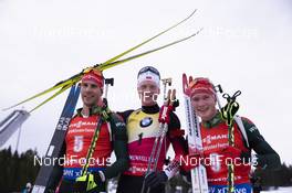 24.03.2019, Oslo, Norway (NOR): Arnd Peiffer (GER), Johannes Thingnes Boe (NOR), Benedikt Doll (GER), (l-r) - IBU world cup biathlon, mass men, Oslo (NOR). www.nordicfocus.com. © Manzoni/NordicFocus. Every downloaded picture is fee-liable.