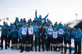 23.03.2019, Oslo, Norway (NOR): Simon Fourcade (FRA), Martin Fourcade (FRA), Emilien Jacquelin (FRA), Fabien Claude (FRA), Simon Desthieux (FRA), Antonin Guigonnat (FRA), Justine Braisaz (FRA), Celia Aymonier (FRA), Fabrizio Curtaz (ITA) coach Team Italy, (l-r) - IBU world cup biathlon, pursuit men, Oslo (NOR). www.nordicfocus.com. © Manzoni/NordicFocus. Every downloaded picture is fee-liable.