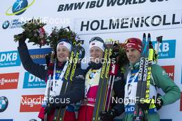 23.03.2019, Oslo, Norway (NOR): Tarjei Boe (NOR), Johannes Thingnes Boe (NOR), Arnd Peiffer (GER), (l-r) - IBU world cup biathlon, pursuit men, Oslo (NOR). www.nordicfocus.com. © Manzoni/NordicFocus. Every downloaded picture is fee-liable.