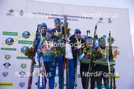 21.02.2019, Minsk-Raubichi, Belarus (BLR): Jesper Nelin (SWE), Anna Magnusson (SWE), Dmitry Malyshko (RUS), Evgeniya Pavlova (RUS), Lou Jeanmonnot (FRA), Aristide Begue (FRA), (l-r) - IBU Open European championships biathlon, medals, Minsk-Raubichi (BLR). www.nordicfocus.com. © Manzoni/NordicFocus. Every downloaded picture is fee-liable.