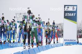 24.02.2019, Minsk-Raubichi, Belarus (BLR): Event Feature: the startfield is lined up in the startrows - IBU Open European championships biathlon, pursuit women, Minsk-Raubichi (BLR). www.nordicfocus.com. © Manzoni/NordicFocus. Every downloaded picture is fee-liable.