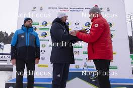 24.02.2019, Minsk-Raubichi, Belarus (BLR): Aivar Nigol (EST), president of the OC Otepaeae, Sergey Kovalchuck (BLR), Minister of Sports and Tourism of the Republic of Belarus, Ivor Lehotan (SVK), member of the IBU board, (l-r) - IBU Open European championships biathlon, pursuit women, Minsk-Raubichi (BLR). www.nordicfocus.com. © Manzoni/NordicFocus. Every downloaded picture is fee-liable.