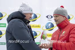 24.02.2019, Minsk-Raubichi, Belarus (BLR): Ivor Lehotan (SVK), member of the IBU board, Sergey Kovalchuck (BLR), Minister of Sports and Tourism of the Republic of Belrus (l-r) - IBU Open European championships biathlon, pursuit women, Minsk-Raubichi (BLR). www.nordicfocus.com. © Manzoni/NordicFocus. Every downloaded picture is fee-liable.