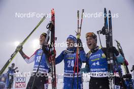 17.03.2019, Oestersund, Sweden (SWE): Julian Eberhard (AUT), Dominik Windisch (ITA), Antonin Guigonnat (FRA), (l-r) - IBU world championships biathlon, mass men, Oestersund (SWE). www.nordicfocus.com. © Manzoni/NordicFocus. Every downloaded picture is fee-liable.