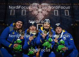 16.03.2019, Oestersund, Sweden (SWE): Anastasiya Merkushyna (UKR), Vita Semerenko (UKR), Yuliia Dzhima (UKR), Valj Semerenko (UKR) - IBU world championships biathlon, medals, Oestersund (SWE). www.nordicfocus.com. © Tumashov/NordicFocus. Every downloaded picture is fee-liable.