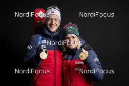 14.03.2019, Oestersund, Sweden (SWE): Johannes Thingnes Boe (NOR), Marte Olsbu Roeiseland (NOR), (l-r) - IBU world championships biathlon, medals, Oestersund (SWE). www.nordicfocus.com. © Manzoni/NordicFocus. Every downloaded picture is fee-liable.