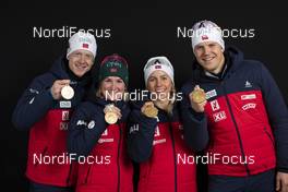 07.03.2019, Oestersund, Sweden (SWE): Johannes Thingnes Boe (NOR), Marte Olsbu Roeiseland (NOR), Tiril Eckhoff (NOR), Vetle Sjaastad Christiansen (NOR), (l-r) - IBU world championships biathlon, medals, Oestersund (SWE). www.nordicfocus.com. © Manzoni/NordicFocus. Every downloaded picture is fee-liable.