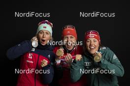 08.03.2019, Oestersund, Sweden (SWE): Ingrid Landmark Tandrevold (NOR), Anastasiya Kuzmina (SVK), Laura Dahlmeier (GER), (l-r) - IBU world championships biathlon, medals, Oestersund (SWE). www.nordicfocus.com. © Manzoni/NordicFocus. Every downloaded picture is fee-liable.
