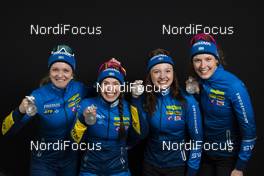 16.03.2019, Oestersund, Sweden (SWE): Mona Brorsson (SWE), Anna Magnusson (SWE), Linn Persson (SWE), Hanna Oeberg (SWE), (l-r) - IBU world championships biathlon, medals, Oestersund (SWE). www.nordicfocus.com. © Manzoni/NordicFocus. Every downloaded picture is fee-liable.
