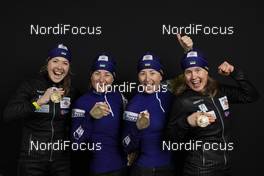 16.03.2019, Oestersund, Sweden (SWE): Yuliia Dzhima (UKR), Vita Semerenko (UKR), Valj Semerenko (UKR), Anastasiya Merkushyna (UKR), (l-r) - IBU world championships biathlon, medals, Oestersund (SWE). www.nordicfocus.com. © Manzoni/NordicFocus. Every downloaded picture is fee-liable.