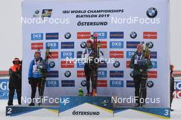 17.03.2019, Oestersund, Sweden (SWE): Ekaterina Yurlova-Percht (RUS), Dorothea Wierer (ITA), Denise Herrmann (GER), (l-r) - IBU world championships biathlon, medals, Oestersund (SWE). www.nordicfocus.com. © Tumashov/NordicFocus. Every downloaded picture is fee-liable.