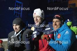 09.03.2019, Oestersund, Sweden (SWE): Alexander Loginov (RUS), Johannes Thingnes Boe (NOR), Quentin Fillon Maillet (FRA), (l-r) - IBU world championships biathlon, medals, Oestersund (SWE). www.nordicfocus.com. © Manzoni/NordicFocus. Every downloaded picture is fee-liable.