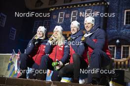 07.03.2019, Oestersund, Sweden (SWE): Marte Olsbu Roeiseland (NOR), Tiril Eckhoff (NOR), Johannes Thingnes Boe (NOR), Vetle Sjaastad Christiansen (NOR), (l-r) - IBU world championships biathlon, medals, Oestersund (SWE). www.nordicfocus.com. © Manzoni/NordicFocus. Every downloaded picture is fee-liable.