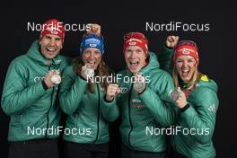 07.03.2019, Oestersund, Sweden (SWE): Arnd Peiffer (GER), Vanessa Hinz (GER), Benedikt Doll (GER), Denise Herrmann (GER), (l-r) - IBU world championships biathlon, medals, Oestersund (SWE). www.nordicfocus.com. © Manzoni/NordicFocus. Every downloaded picture is fee-liable.
