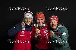 08.03.2019, Oestersund, Sweden (SWE): Ingrid Landmark Tandrevold (NOR), Anastasiya Kuzmina (SVK), Laura Dahlmeier (GER), (l-r) - IBU world championships biathlon, medals, Oestersund (SWE). www.nordicfocus.com. © Manzoni/NordicFocus. Every downloaded picture is fee-liable.