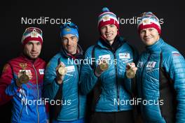 16.03.2019, Oestersund, Sweden (SWE): Alexander Loginov (RUS), Dmitry Malyshko (RUS), Nikita Porshnev (RUS), Matvey Eliseev (RUS), (l-r) - IBU world championships biathlon, medals, Oestersund (SWE). www.nordicfocus.com. © Manzoni/NordicFocus. Every downloaded picture is fee-liable.