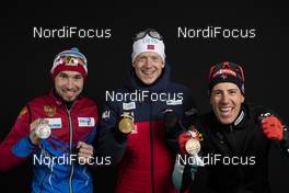09.03.2019, Oestersund, Sweden (SWE): Alexander Loginov (RUS), Johannes Thingnes Boe (NOR), Quentin Fillon Maillet (FRA), (l-r) - IBU world championships biathlon, medals, Oestersund (SWE). www.nordicfocus.com. © Manzoni/NordicFocus. Every downloaded picture is fee-liable.