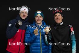 10.03.2019, Oestersund, Sweden (SWE): Johannes Thingnes Boe (NOR), Dmytro Pidruchnyi (UKR), Quentin Fillon Maillet (FRA), (l-r) - IBU world championships biathlon, medals, Oestersund (SWE). www.nordicfocus.com. © Manzoni/NordicFocus. Every downloaded picture is fee-liable.