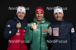 13.03.2019, Oestersund, Sweden (SWE): Tarjei Boe (NOR), Arnd Peiffer (GER), Vladimir Iliev (BUL), (l-r) - IBU world championships biathlon, medals, Oestersund (SWE). www.nordicfocus.com. © Manzoni/NordicFocus. Every downloaded picture is fee-liable.