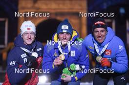 10.03.2019, Oestersund, Sweden (SWE): Johannes Thingnes Boe (NOR), Quentin Fillon Maillet (FRA), Dmytro Pidruchnyi (UKR) - IBU world championships biathlon, medals, Oestersund (SWE). www.nordicfocus.com. © Tumashov/NordicFocus. Every downloaded picture is fee-liable.