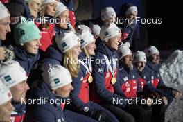 14.03.2019, Oestersund, Sweden (SWE): Vetle Sjaastad Christiansen (NOR), Ingrid Landmark Tandrevold (NOR), Thekla Brun-Lie (NOR), Marte Olsbu Roeiseland (NOR), Johannes Thingnes Boe (NOR), (l-r) - IBU world championships biathlon, medals, Oestersund (SWE). www.nordicfocus.com. © Manzoni/NordicFocus. Every downloaded picture is fee-liable.