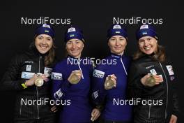 16.03.2019, Oestersund, Sweden (SWE): Yuliia Dzhima (UKR), Vita Semerenko (UKR), Valj Semerenko (UKR), Anastasiya Merkushyna (UKR), (l-r) - IBU world championships biathlon, medals, Oestersund (SWE). www.nordicfocus.com. © Manzoni/NordicFocus. Every downloaded picture is fee-liable.