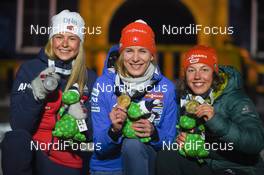08.03.2019, Oestersund, Sweden (SWE): Laura Dahlmeier (GER), Ingrid Landmark Tandrevold (NOR), Anastasiya Kuzmina (SVK) - IBU world championships biathlon, medals, Oestersund (SWE). www.nordicfocus.com. © Tumashov/NordicFocus. Every downloaded picture is fee-liable.