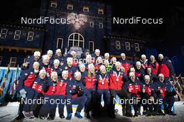 14.03.2019, Oestersund, Sweden (SWE): Tiril Eckhoff (NOR), Tarjei Boe (NOR), Erlend Bjoentegaard (NOR), Vetle Sjaastad Christiansen (NOR), Ingrid Landmark Tandrevold (NOR), Marte Olsbu Roeiseland (NOR), Thekla Brun-Lie (NOR), Johannes Thingnes Boe (NOR), Synnoeve Solemdal (NOR), (l-r) - IBU world championships biathlon, medals, Oestersund (SWE). www.nordicfocus.com. © Manzoni/NordicFocus. Every downloaded picture is fee-liable.